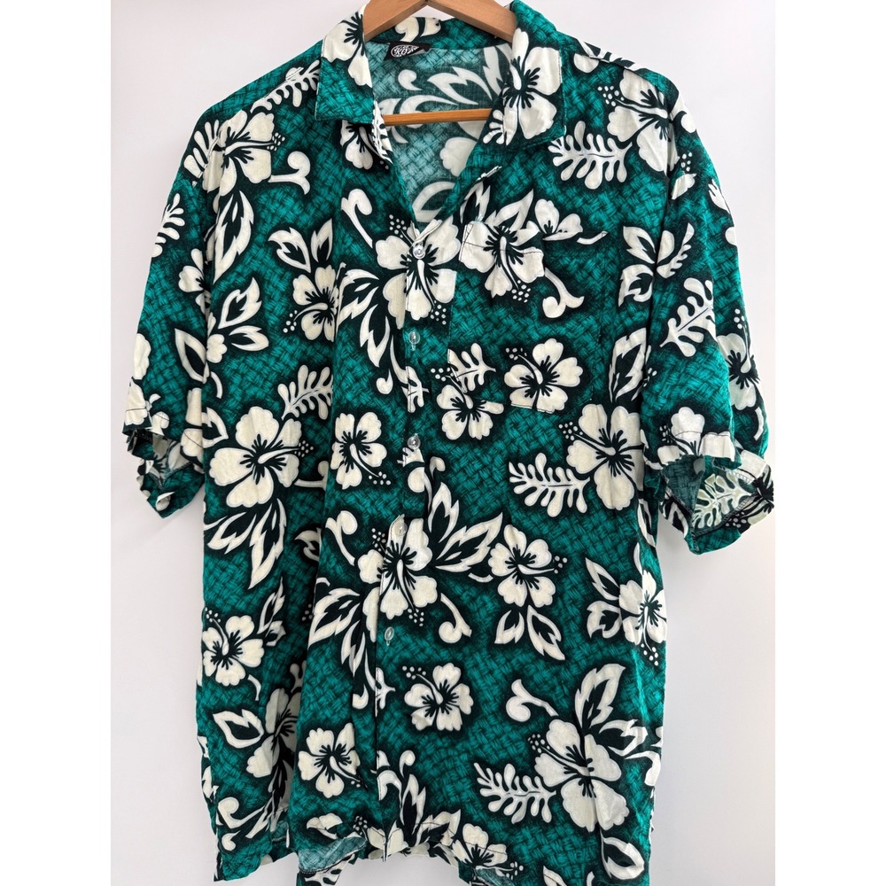 Y2K KOAH Hawaiian Shirt Mens L Green Black Floral Aloha Button Up Retro‎